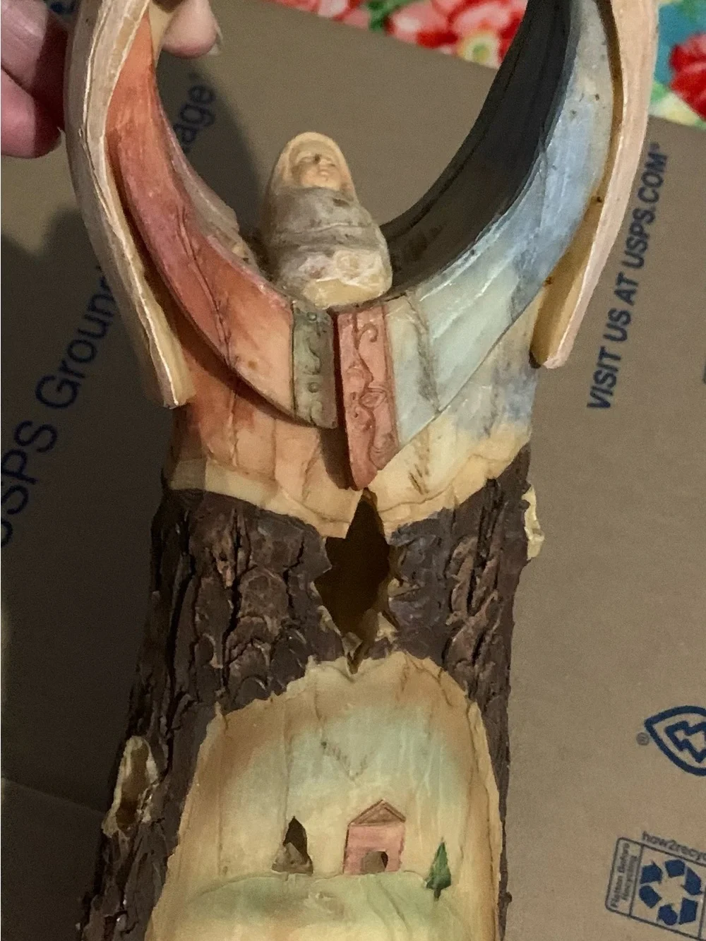 Vintage Carved Wood Look Resin Holy Family Sculpture Light